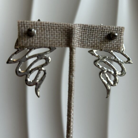 Vintage Abstract Silver Enamel Wing Dangle Earrings Modernist Wavy 80s Unique - Picture 3 of 6